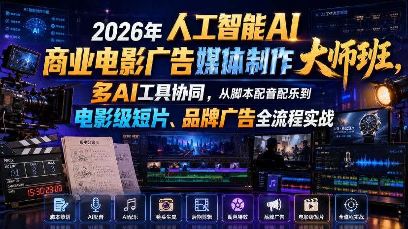 2026年人工智能AI商业电影广告媒体制作大师班，多AI工具协同，从脚本配音配乐到电影级短片、品牌广告全流程实战（中英字幕）-智云网