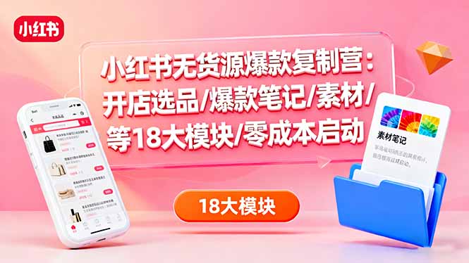 小红书无货源爆款复制营：开店选品/爆款笔记/素材/等18大模块/零成本启动-智云网