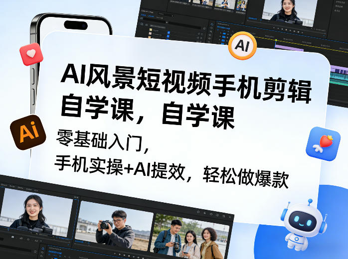 AI风景短视频手机剪辑自学课，零基础入门，手机实操+AI提效，轻松做爆款-智云网