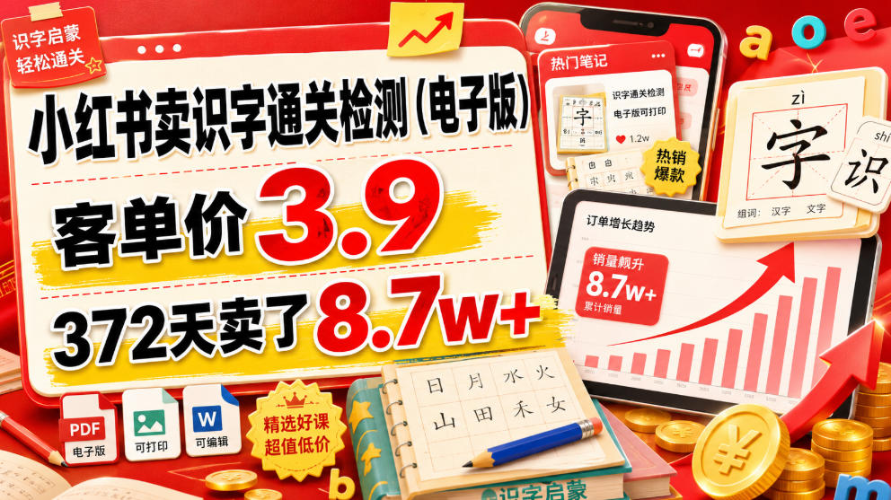 小红书卖识字通关检测（电子版），客单价3.9，372天卖了8.7w+-智云网