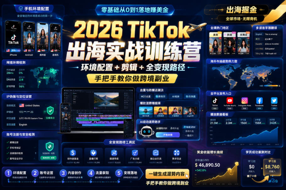 2026 TikTok出海实战训练营，环境配置 + 剪辑 + 全变现路径，手把手教你做跨境副业-智云网