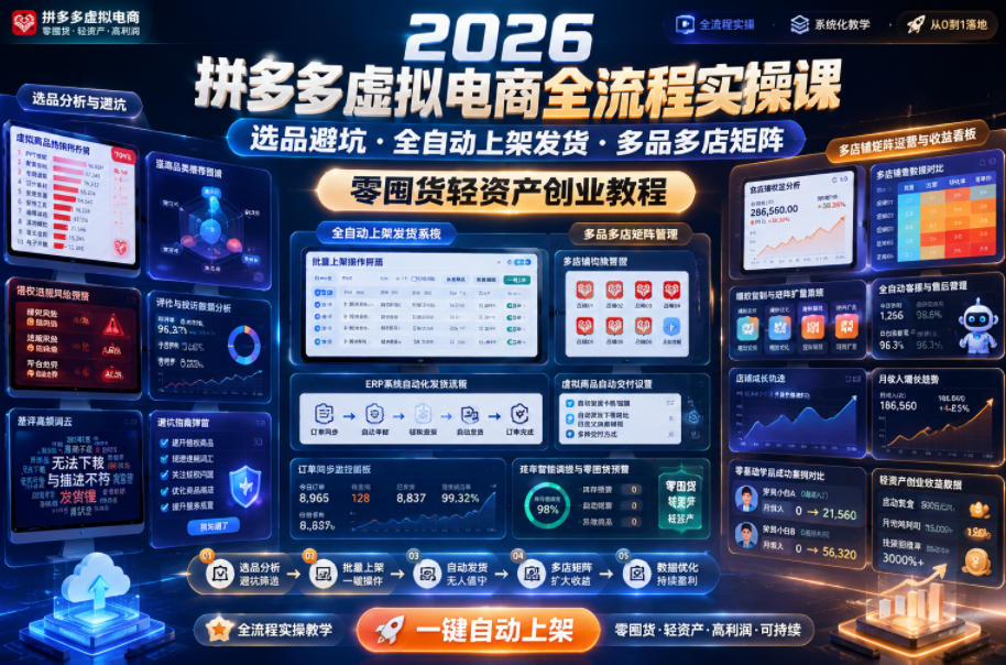 2026拼多多虚拟电商全流程实操课，选品避坑・全自动上架发货・多品多店矩阵，零囤货轻资产创业教程-智云网