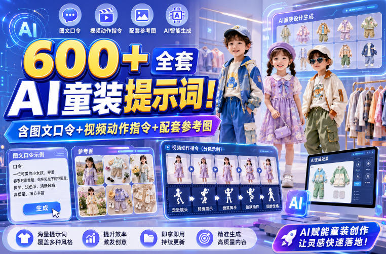 600+全套AI童装提示词！含图文口令+视频动作指令+配套参考图，Word-Excel规整分类，童装电商、种草无脑量产内容！-智云网