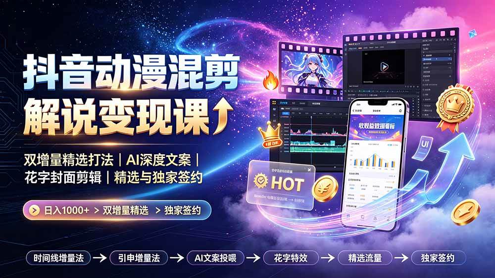 （19311期）抖音动漫混剪解说变现课：双增量精选打法｜AI深度文案｜花字封面剪辑｜ 精选与独家签约日入1000+-智云网