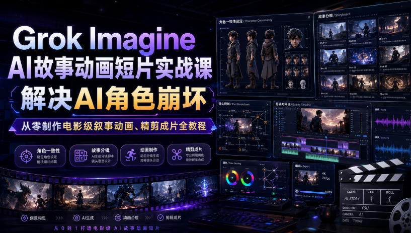 Grok Imagine AI故事动画短片实战课｜解决AI角色崩坏，从零制作电影级叙事动画、精剪成片全教程（中英字幕）-智云网